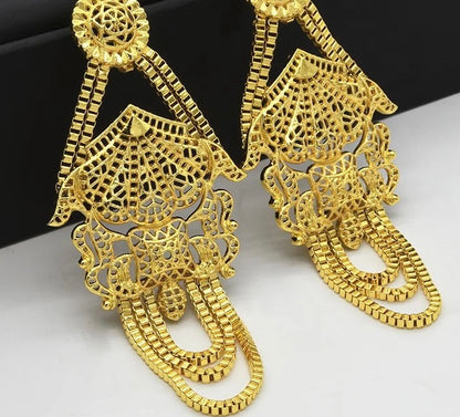 Long Elegant 24K Gold Plated Copper Tassel Dangle Statement Earrings
