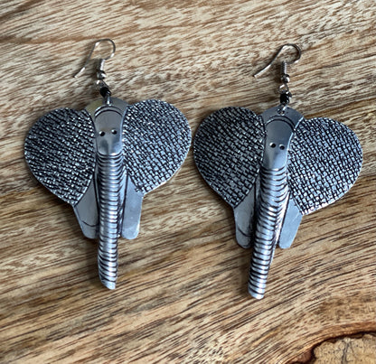 Authentic African Engraved Elephant Head Shaped Metal Dangle Earrings