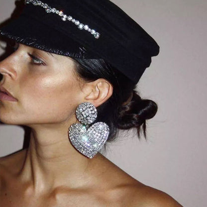 Glamorous Silver Statement Diamante Heart Shaped Rhinestone Earrings