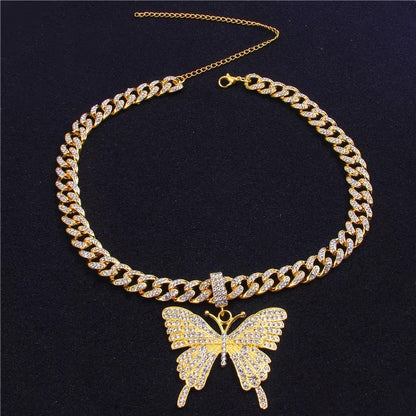 Elegant Rhinestone Cuban Butterfly Shaped Pendant Statement Necklace