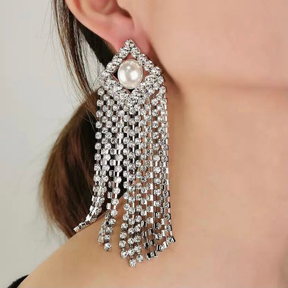 Glamorous Statement Diamante Rhinestone Faux Pearl Tassel Stud Earrings