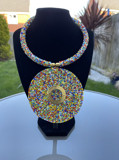 Multicoloured BeadedTribal Ethnic African Elegant Disc Pendant Necklaces