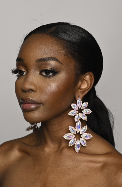 Long Glamorous Diamante Rhinestone Flower Stud Earrings