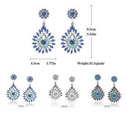 Elegant Diamante Rhinestone Sparkle Long Flower Teardrop Statement Earrings