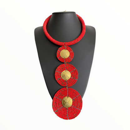 Authentic AfricanTribal Ethnic Fashion Beaded Disc Pendant Necklace