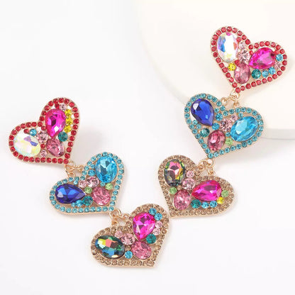 Long Luxury Rhinestones Crystal Heart Shaped Dangle Statement Earrings