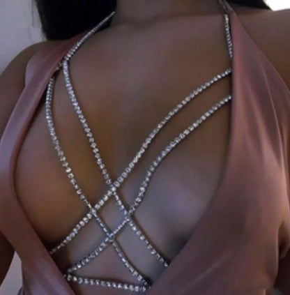 Crystal Rhinestone Double Layered Cross Bra Statement Body Chain Jewellery