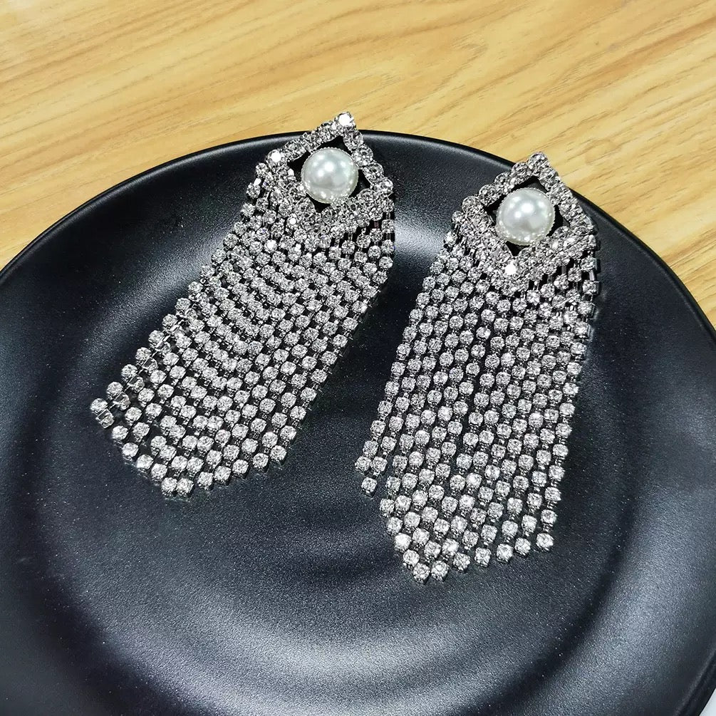 Glamorous Statement Diamante Rhinestone Faux Pearl Tassel Stud Earrings