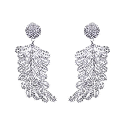 Glamorous Large Elegant Statement Diamante Rhinestone Leaf Stud Earrings