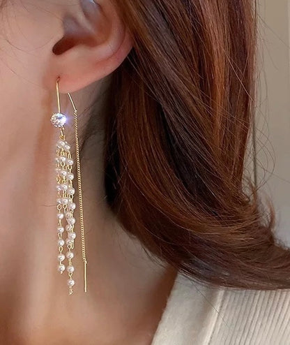 Elegant Crystal Diamante Rhinestone Faux Pearls Tassels Earrings