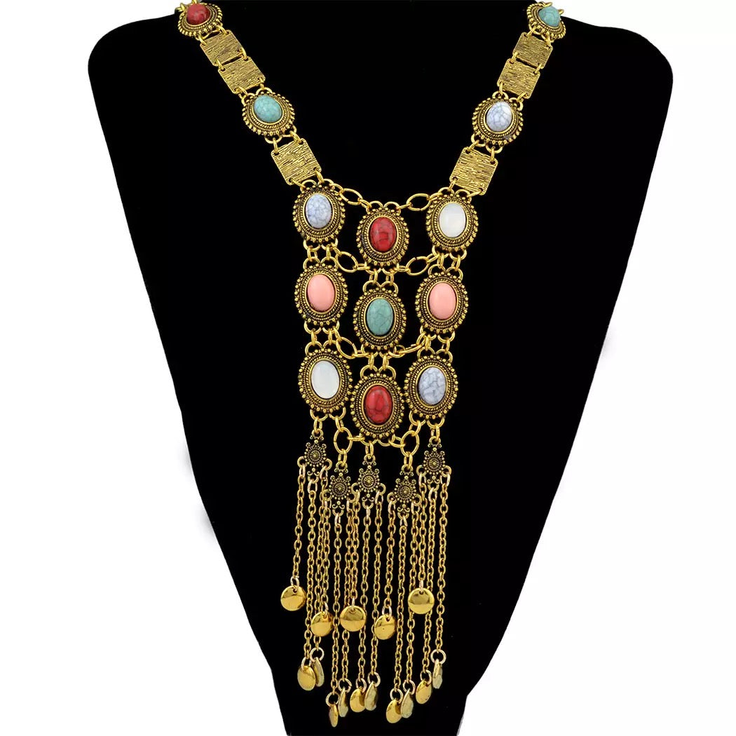 Long Multicoloured Resins Bohemian Style Tribal Statement Necklace