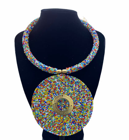 Multicoloured BeadedTribal Ethnic African Elegant Disc Pendant Necklaces