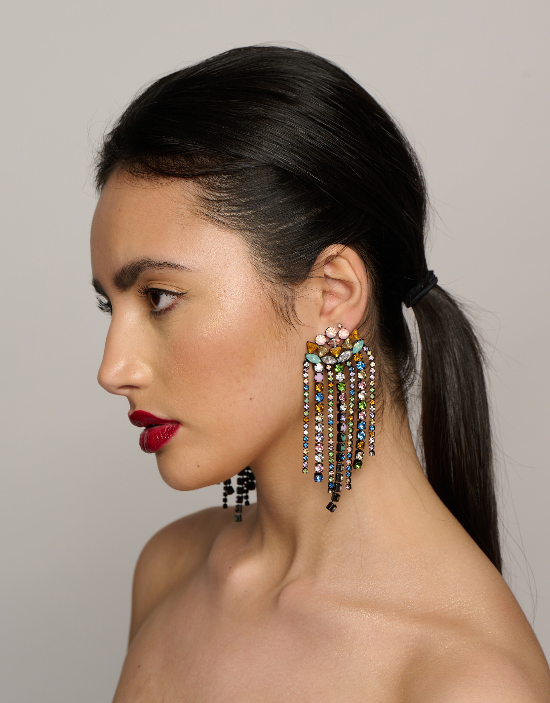 Long Multicolour Glamorous Statement Diamante Rhinestone Tassel Stud Earrings