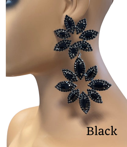 Long Glamorous Diamante Rhinestone Flower Stud Earrings