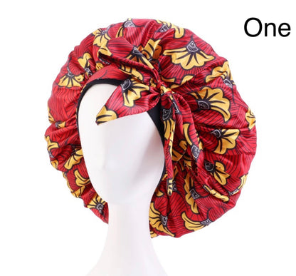 Ankara Design Print Satin Silk Single Layered Bonnet Cap With Long Wide Tie