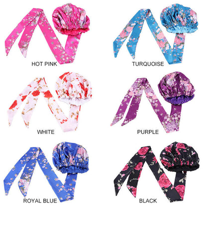 Large Floral Luxury Satin Silk Double Layered Headwraps Bonnet Caps
