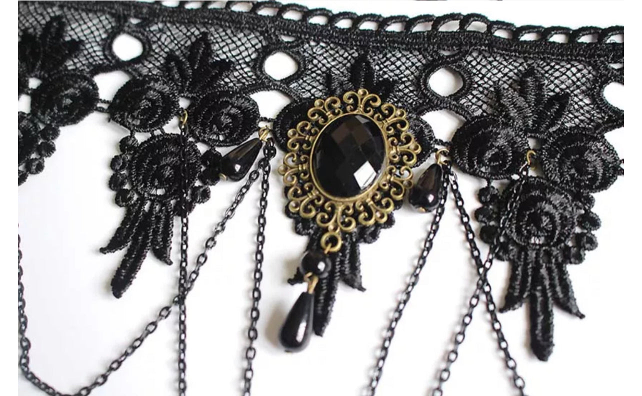 Victorian Vintage Inspired Style Gothic Black Lace Resin Choker Necklace