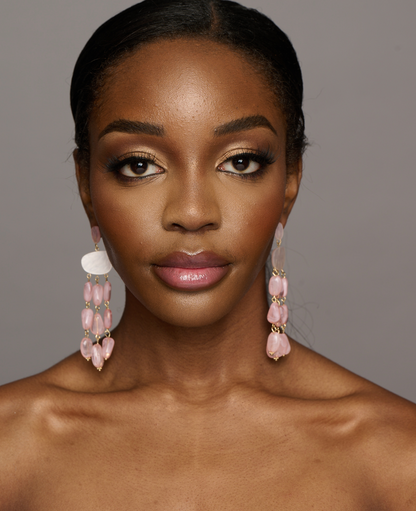Long Pink Beaded Ethnic Statement Tassels Dangle Earrings