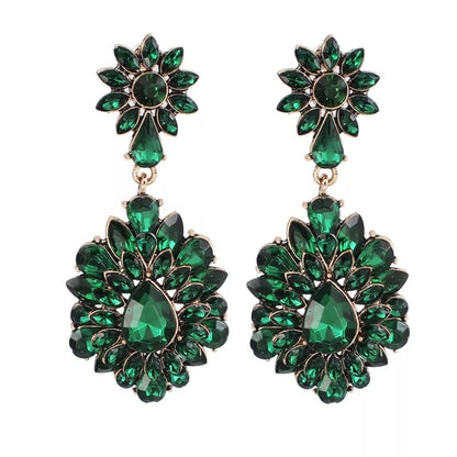 Elegant Diamante Rhinestone Sparkle Long Flower Drop Statement Earrings