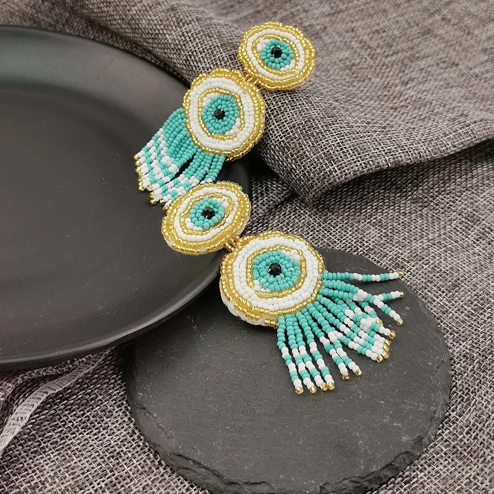 Beautiful Bohemian Tribal Eye Beaded Tassel Dangle Earrings
