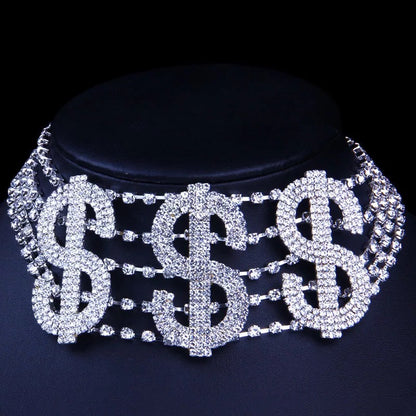 Dollar Sign Rhinestones Crystal Statement Choker Necklace