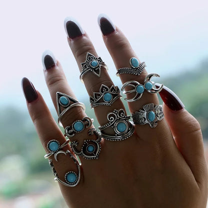 Bohemian 11 Pieces Silver Retro Statement Rings Set