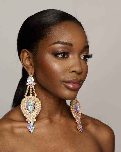 Long Elegant Glamorous AB Colour Diamante Rhinestones Statement Stud Earrings