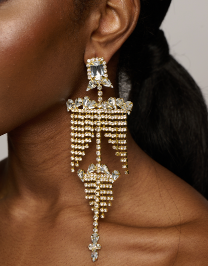 Long Glamorous Statement Crystal Diamante Rhinestone Tassel Earrings