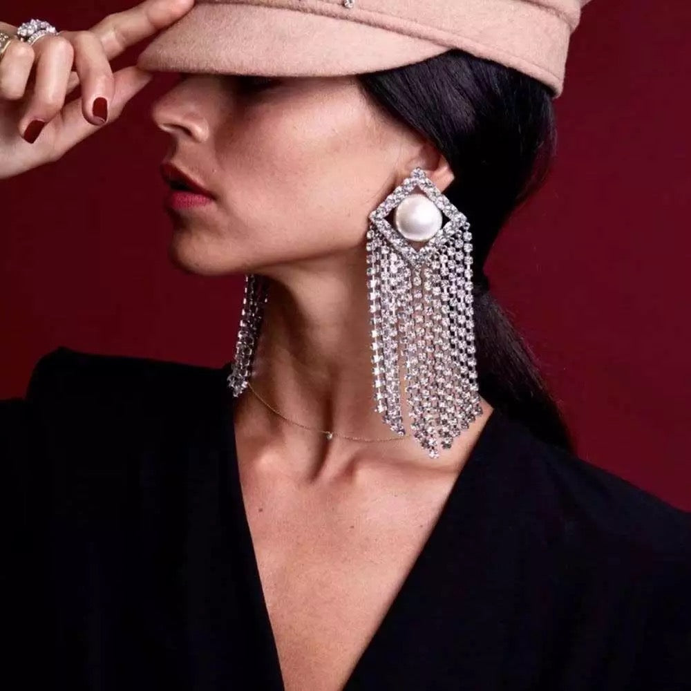 Glamorous Statement Diamante Rhinestone Faux Pearl Tassel Stud Earrings