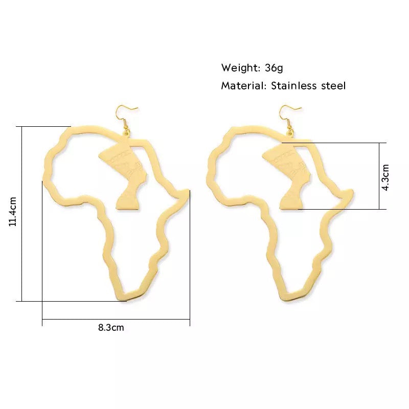 Large oversized Gold Plated Africa Map Shaped Queen Nefertiti Statement Earrings