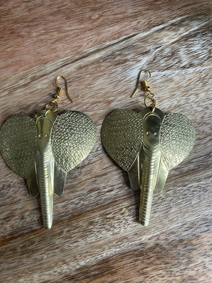 Authentic Engraved Elephant Head Shaped Brass Dangle Earrings