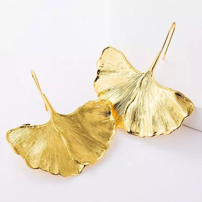 24K Gold Plated Hammered Alloy Metal Gingko Leaves Shaped Drop Earrings