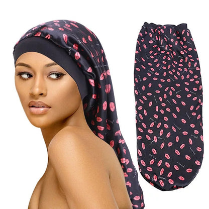 Printed Satin Silk Single Layered Long Bonnet Caps For Braids And Long Hair