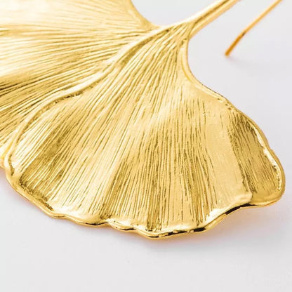 24K Gold Plated Hammered Alloy Metal Gingko Leaves Shaped Drop Earrings