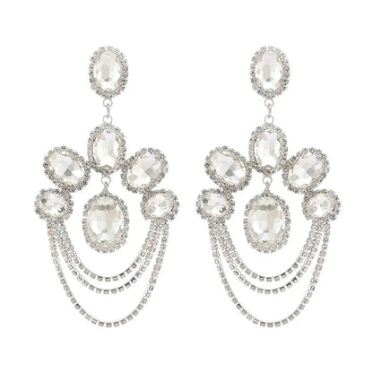 Elegant Diamante Rhinestone Sparkle Tassels Stud Statement Earrings