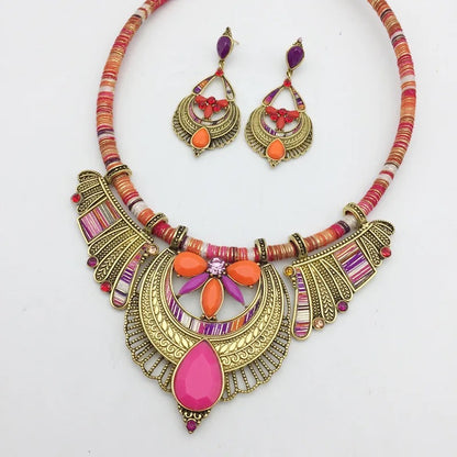 Bohemian Colourful Ethnic Beaded Crystals Statement Necklace Set