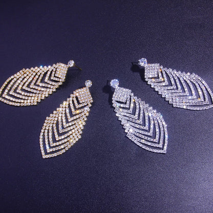 Glamorous Crystals Diamante Rhinestone Leaf Dangle Drop Earrings