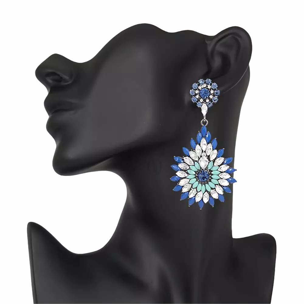 Elegant Diamante Rhinestone Sparkle Long Flower Teardrop Statement Earrings