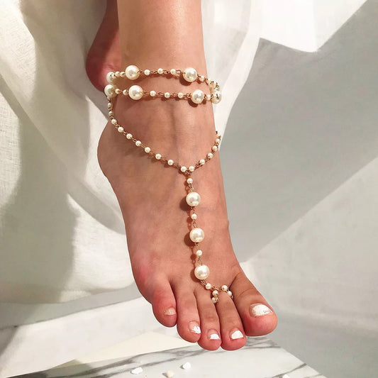 2 Pieces Multi Layered Bridal Faux Pearl Barefoot Sandals Toe Anklet Bracelets