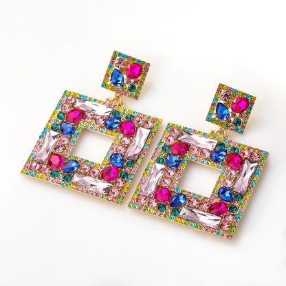 Large Elegant Square Rhinestone Statement Dangle Stud Earrings