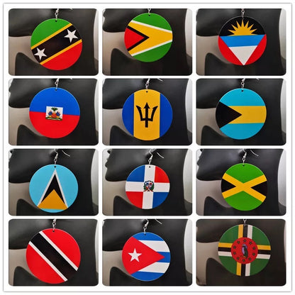 Caribbean Countries Hand Painted Flags Wooden Dangle Earrings