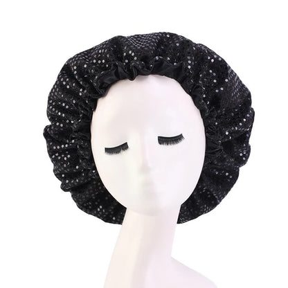 Sequinned Adjustable Double Layered Satin Silk Bonnet Caps