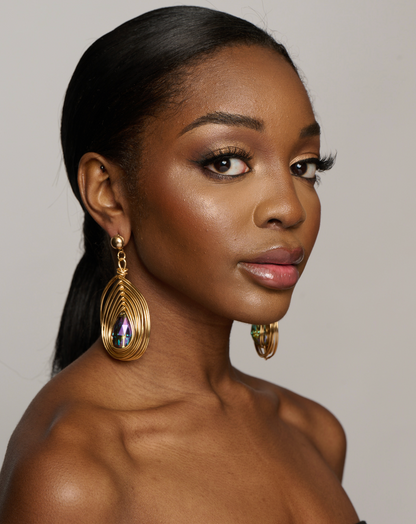 Gold Metal Wire Wrapped Crystal Statement Dangle Earrings