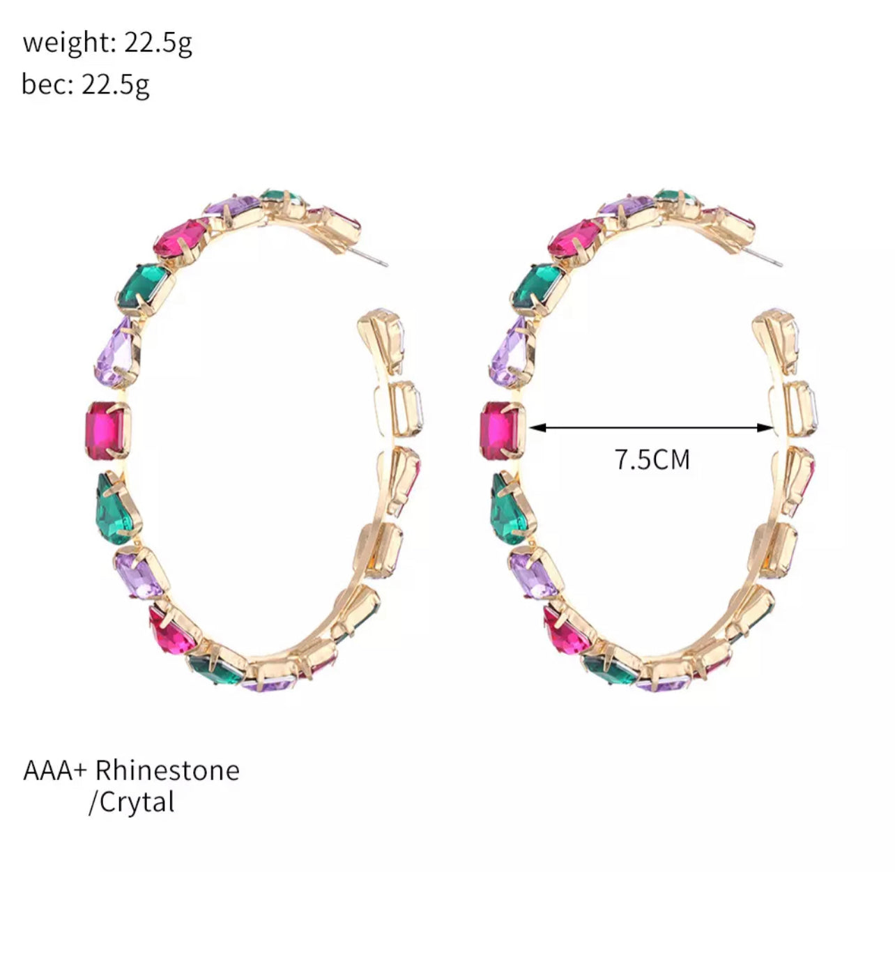 8CM Multicolour Luxury Crystal Rhinestones Medium Statement Hoop Earrings