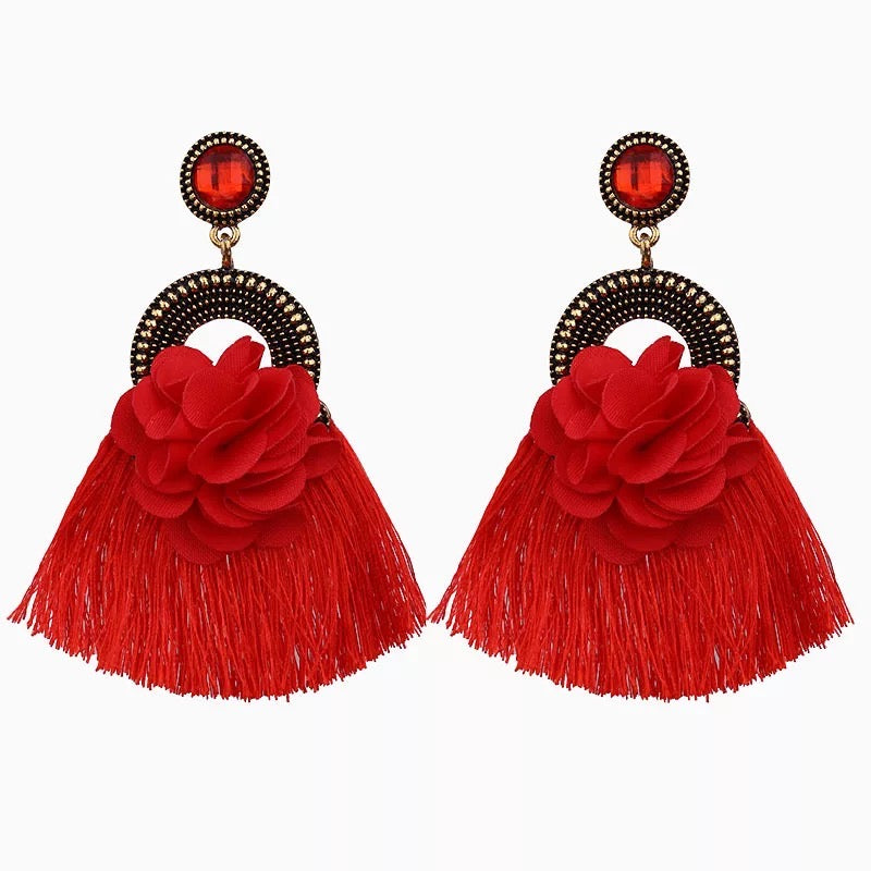 Retro Flower Jewel Tassel Earrings