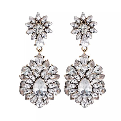 Elegant Diamante Rhinestone Sparkle Long Flower Drop Statement Earrings
