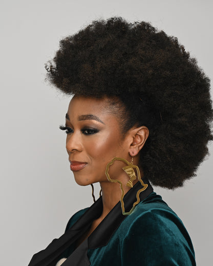 Large oversized Gold Plated Africa Map Shaped Queen Nefertiti Statement Earrings