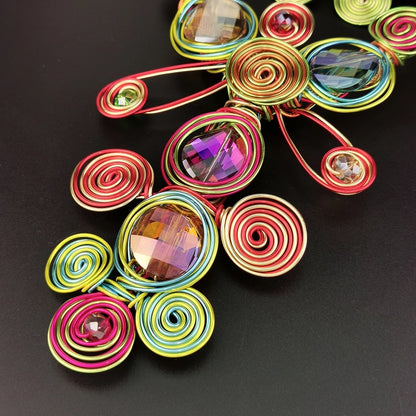 Bohemian Big Colourful Crystal Beads Twisted Wire Ethnic Statement Pendant S