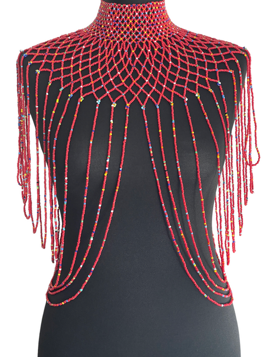 Red Authentic Maasai Zulu Ethnic Beaded Collar Shoulder Body Jewelle