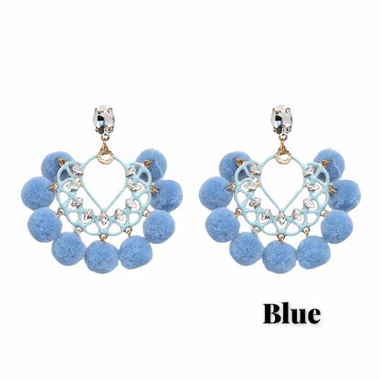 Bohemian Fan Shaped Pom Pom Balls Colourful Rhinestones Retro Earrings
